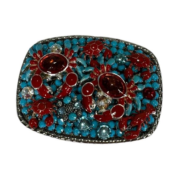Artisan Boho Crab Lobster Beaded Embellished Belt Buckle Red Blue Coastal Beach - Picture 2 of 6